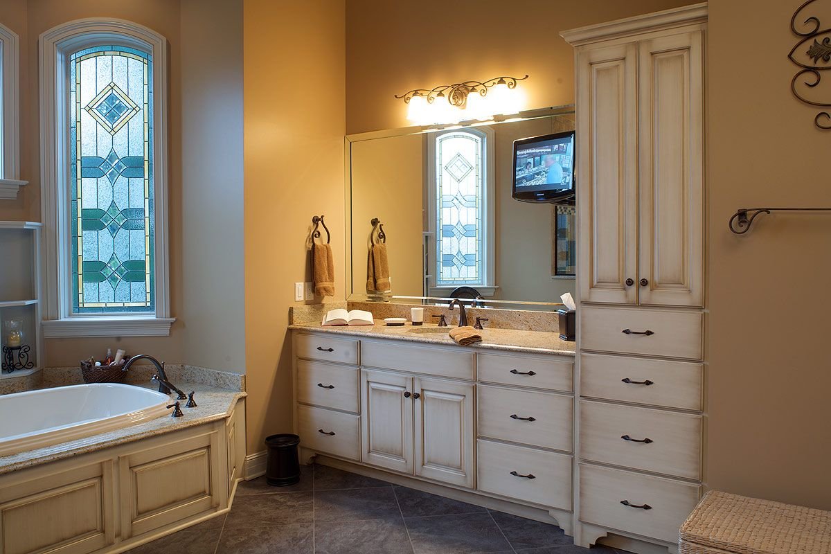 stylish modern bathroom with vanity cabinet open shelves mirror and organized storage