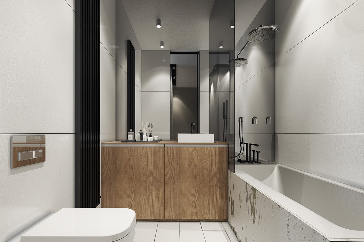 modern 100 sqft bathroom with vanity shower toilet and stylish neutral decor