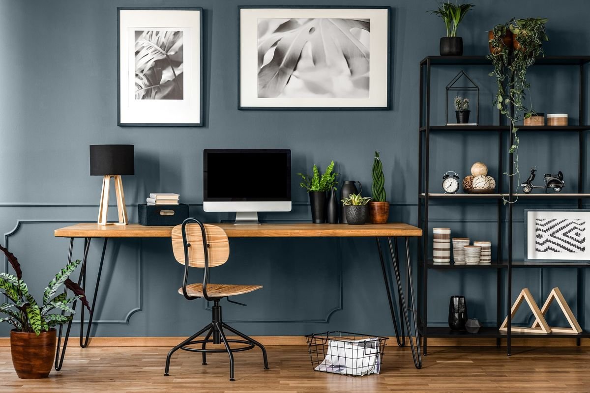 organized modern office with desk chair storage and shelves