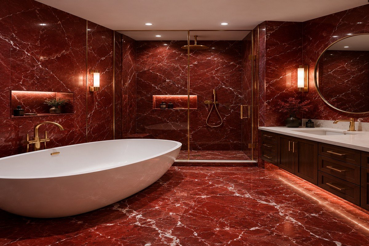 Red marble bathroom with luxurious stone walls, brass fixtures, and modern bathtub.