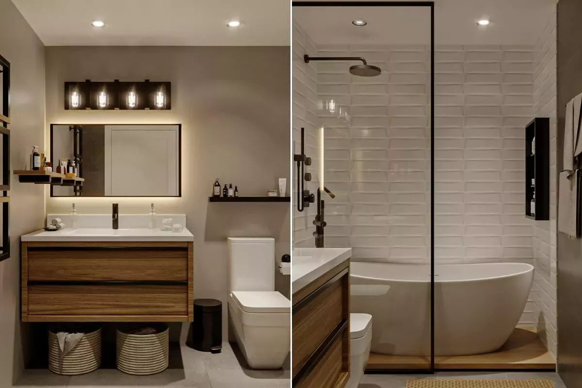 small modern bathroom designed to look bigger with a large mirror, light colors, and floating vanity