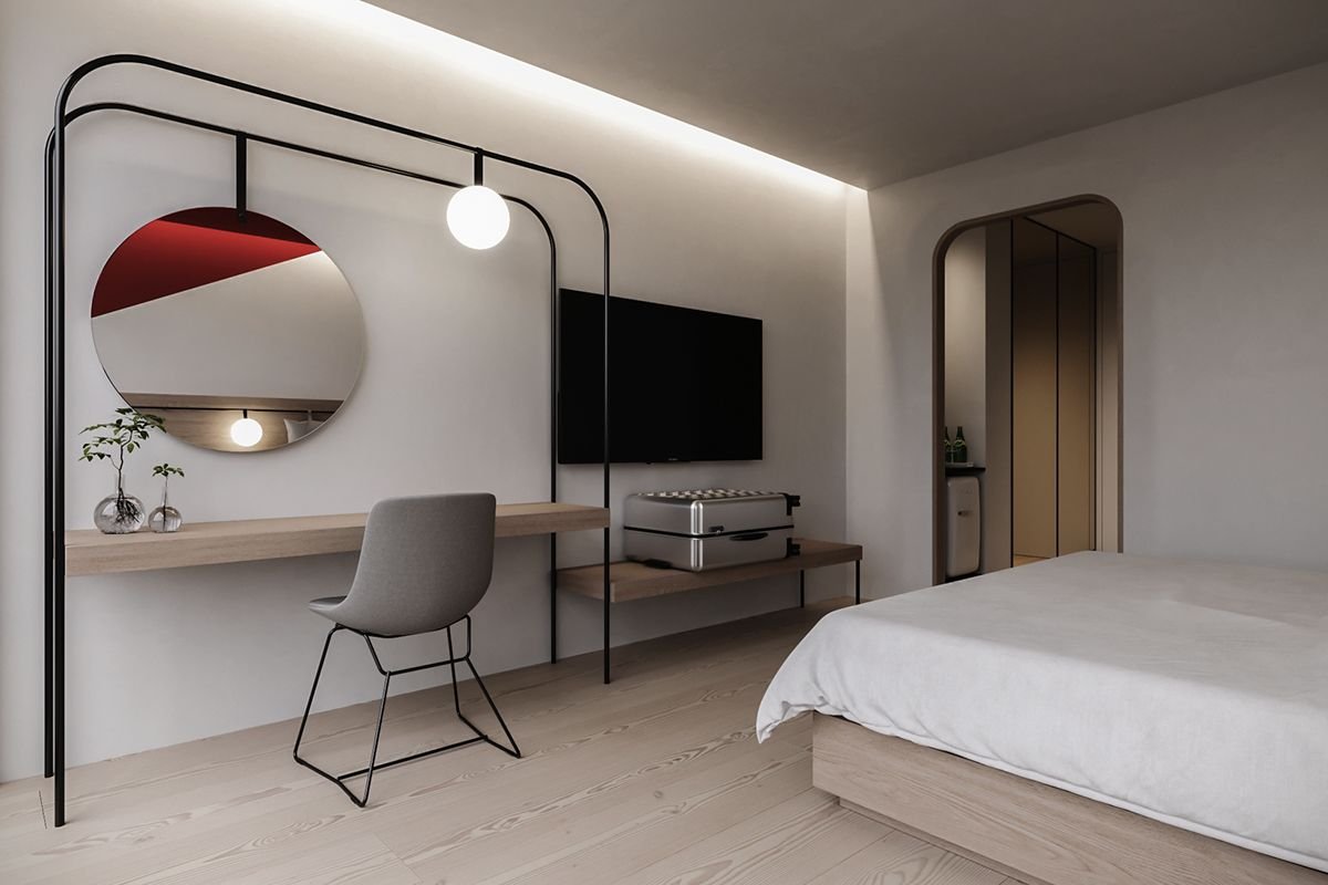 stylish small hotel room with space-saving furniture warm lighting and modern decor
